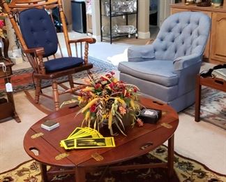 Butler's table, rocker, blue rocker swivel chair (2), rug, accessories, Arthur Court