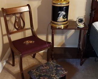 Bedside table, foot stool, needlepoint chair