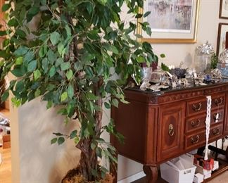 Marble top buffet, ficus tree in large blue/white pot