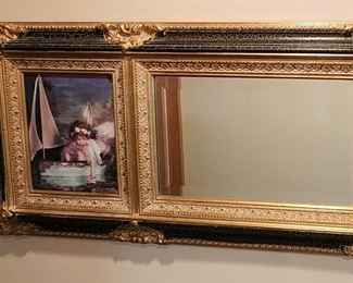 three sectioned framed Mirror & two panel prints