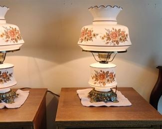 Set of Hurricane Lamps,  vintage brown flowers