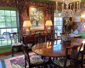 Antiques, art, dining room table with large leaf,  (12) Chippendale style carved dining room chairs, Oriental lamps, Famille Rose collection