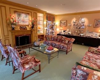 Living room - all sterling and silver, upholstered sofas and chairs, match striker collection, inkwell collection