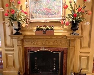 Original artwork, florals, antique fender, fire screen, andirons, coal scuttle