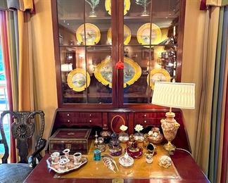 Antique secretary hutch; fitted writing desk, sterling pen and ink set, inkwells, perfume bottles, Limoges fish set, marble lamp