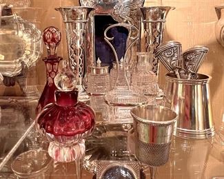 Sterling, ruby red perfume bottles, sterling frames, cruet set