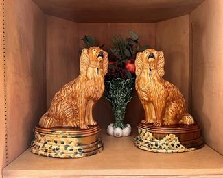 Pair of antique Majolica Spaniels on bases