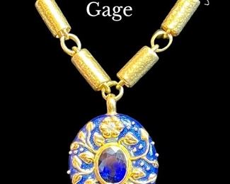 Elizabeth Gage Molten Gold Tube Necklace & Elizabeth Gage CUSTOM large enamel and gold pendant with large family sapphire. We have the drawings for the custom pendant