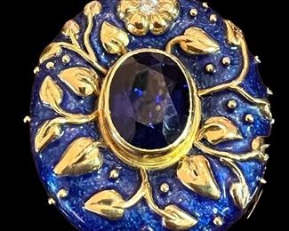 Large Elizabeth Gage gold and enamel CUSTOM pendant with large family sapphire