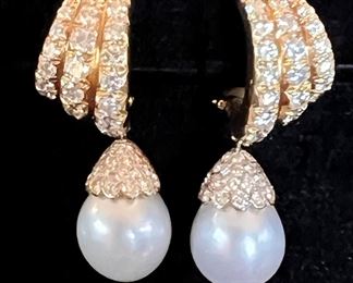 Gold and diamond pearl drop earrings
