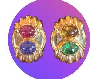 18k gold semi-precious cabochon clip earrings