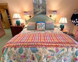 Custom King bed with frame, mattress & box springs, custom bedding