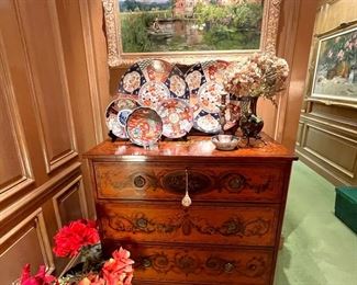 Antique painted chest, Imari, bronze planter with birds, art