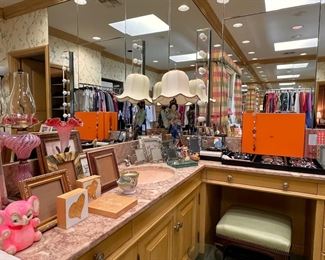 The downstairs Main Bathroom! Designer glasses, frames, sunglasses, antique converted kerosene lamps, Japanese figural lamp