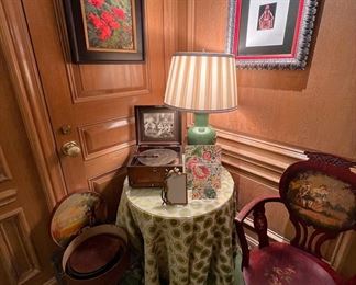 Antique music box, Celadon lamp, antique painted chair, Jay Strongwater art, Red Poppies oil on canvas