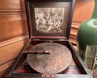 Antique music box with another box of discs - works perfectly!
