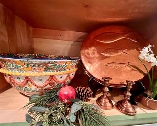 Italian bowl and very large copper fish mold