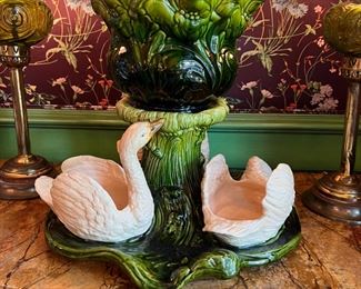 Bretley Majolica swans and planter