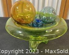 wvintage glass mcm footed green dish with glass globes721 t