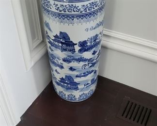 Blue and White Asian porcelain umbrella stand