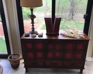 Carved cabinet, brass lamps too! Sheet music and stand!