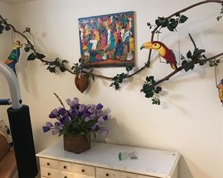 Vine with 3 hanging parrots! Shabby chic dresser!