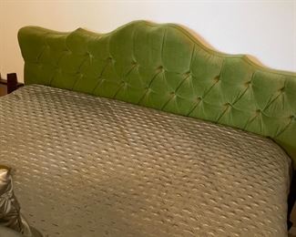 Full size bed with Queen Green suede Mid century modern headboard, clean mattress.   $250.00