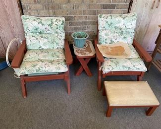 Wooden Patio set (5) pieces: Two chairs, footstool, side table and 2 seater with built in table.                                                       $250.00