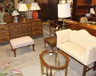Very nice settee, ottoman, dresser, coffee table, end tables, lamps and so much more.