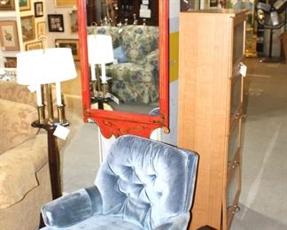 LaBarge chinoiserie mirror, chair, lamp and beautiful marble top table.  