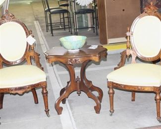 Beautifully upholstered parlor chairs and table.  