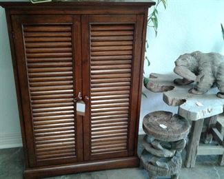 WOODEN CHEST AND CARVED WOODEN ITEMS