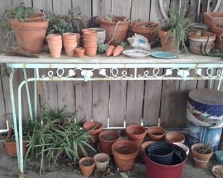 VINTAGE WROUGHT IRON TABLE AND GARDEN ITEMS, CLAY POTS