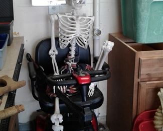 SCOOTER (NOT WORKING) AND HALLOWEEN SKELETON