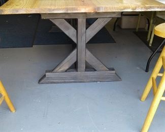 LARGE CUSTOM TABLE BLONDE WOOD TOP AND BLACK BASE
