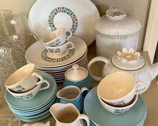 Mid/century/retro dinnerware by Canonsburg Pottery Co., “Temporama” pattern; ceramic teapot and canister by Block Basics.