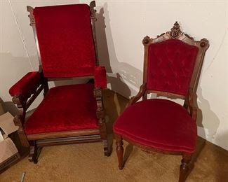 Ornate antique chairs with velvet/plush  seating and backs.