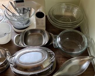 Sunbeam Mixmaster, Pyrex bowls, vintage/retro metal serving pieces.