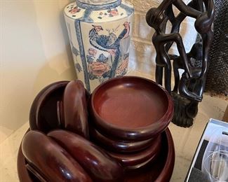 Haitian salad bowl set; Kenyan sculpture.
