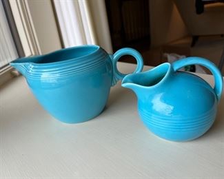 Vintage Fiestaware turquoise pitchers/creamer.