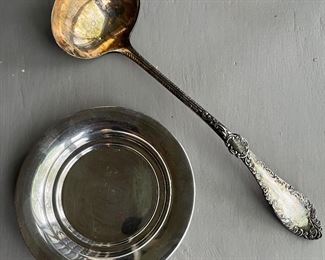 Sterling silver dish; Vintage Rockford silver plate ladle.