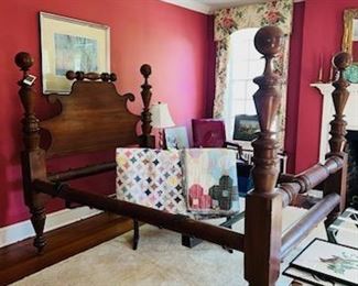 Beautiful old mahogany 19thC cannonball bed, adapted for modern mattress.