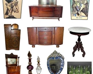 Art Deco & Mid-Century Furniture, Moroccan Decor, Apple iMac Retina 5K, Unique Custom Metal Inlay Door, Quilt, Stained Glass Table Lamp, Vintage Venetian Style Wall Mirror, Hall Tree with Storage Bench, Potted Plants, Etc. 