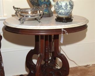 ONE OF PAIR MARBLE TOP TABLES