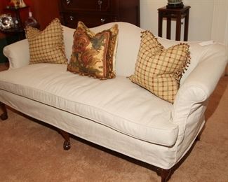 MAHOGANY BASE CAMELBACK SOFA NEWLY UPHOLSTERED + FUN SUMMER -LINEN SLIP COVER