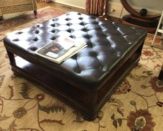 Bernhardt Dark Brown Tuffed Leather and Wood Coffee Table with pull out tray.