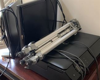 Computer monitors, printer, tripod