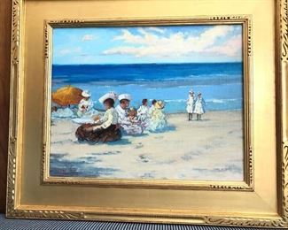 Franklin Edward Morris oil on canvas canvas size is 16" x 20" signed F. E. Morris "Party at the Beach", American  1938-2009