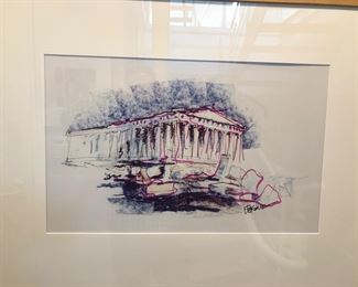 Architectural drawing might be of The Temple of Ifaistos at Thiseion, Greece. Appears to be signed Fleishman, maybe Richard Fleishman?