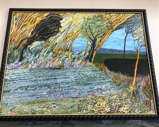 Very large enamel on steel panel by local artist Brinsley Tyrrell. Probably part of the Ohio Lands Forever Enamels Series. "  Primarily I think of myself as a sculptor, working with clay, wax, plaster, or bronze; or carving wood or stone.  However, I have created many large public commissions which led to using other materials and working with brilliant craftsmen, notably the blacksmith Steve Jordan.  Together in the last ten years we have completed a number of wrought iron sculptures, fences, and gates, many of which are in the Cleveland, Ohio area.  They are all commissioned pieces, each one is created for a particular location, and usually they tell stories or reference activities important to that location.
I have always drawn, but it was not until my wife Lilian and I bought an old farmhouse in Freedom Township that I started to take drawing seriously.  To my surprise I produced a large number of pastel drawings exploring my feelings for the surrounding land.
